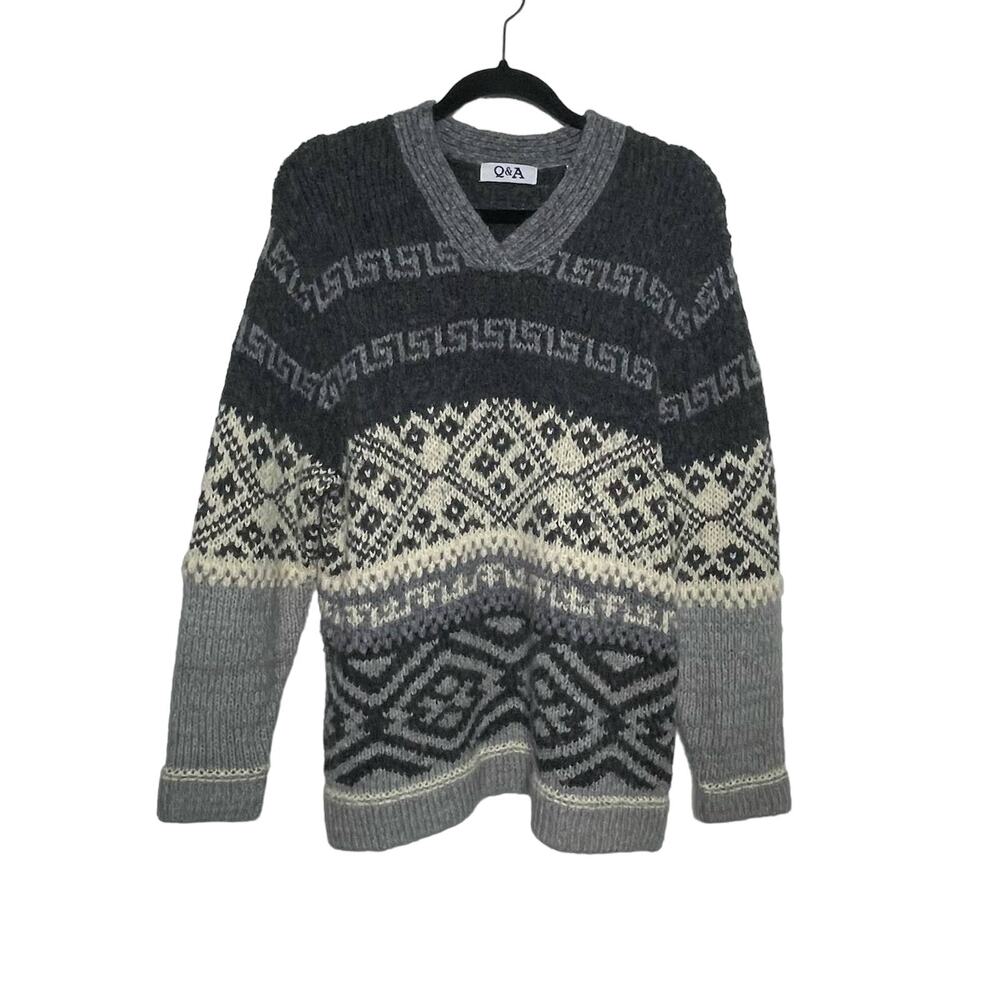 Q&A Ribbed Knit Sweater Fair Isle Long Sleeve V-Neck Pullover Wool Blend Gray M‎